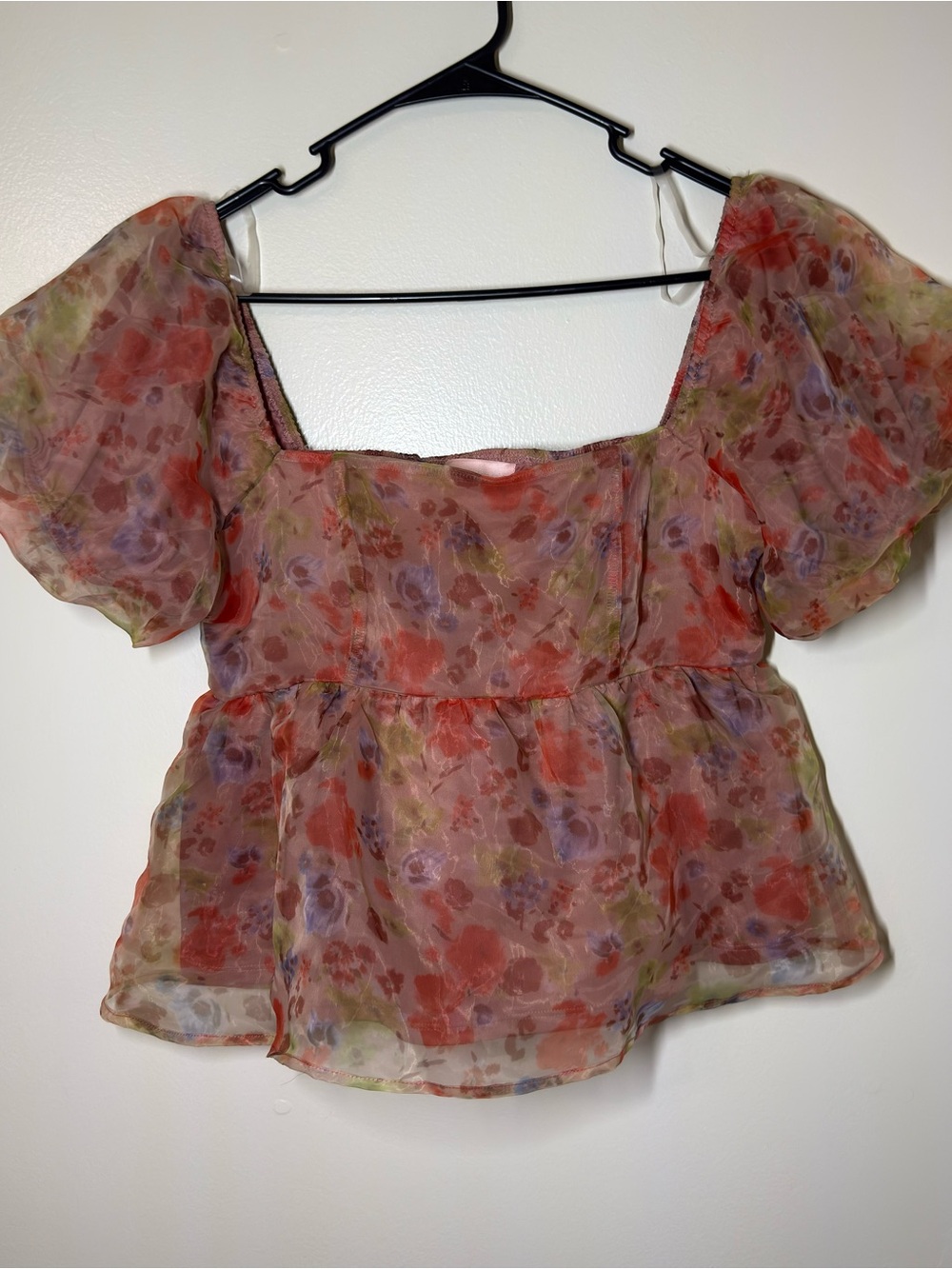 Charmed Hearts Floral Puff Sleeve Square Neck Peplum Cropped Blouse
